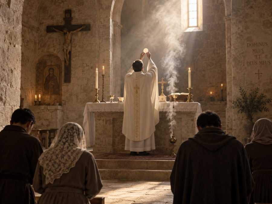 A priest elevating the host at a stone altar as incense rises through sunlight, worshipers kneeling